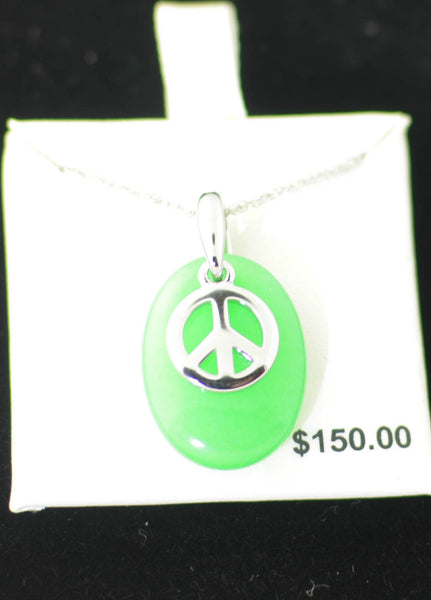 Prehnite Green Gemstone Peace Sign Necklace .925 Sterling Silver, 18 inches - Jewelryland.com