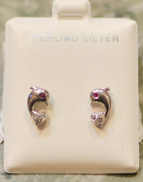 Sterling Silver Dolphin Stud Earrings Screw Back Red Eyes CZ Cubic Zirconia - Jewelryland.com