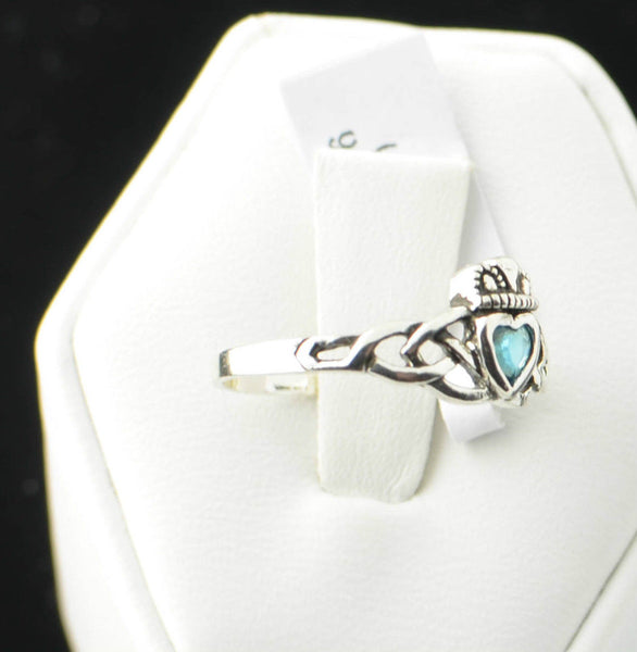 Sterling Silver Aqua CZ Claddagh Irish Celtic Ring Sizes: 3 4 5 6 7 8 9 - Jewelryland.com