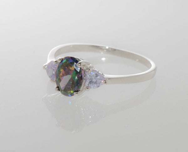 Mystic Topaz Ring Sterling Silver Cubic Zirconia Oval Three Stone Ring - Jewelryland.com