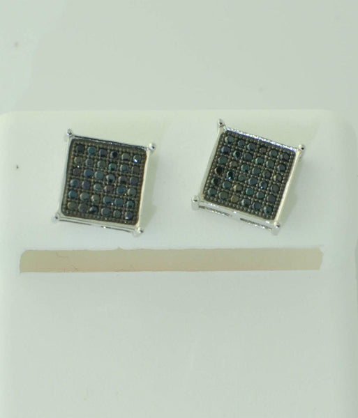 Sterling Silver Stud Earrings Screw Backs Pave Square Black Cubic Zirconia ASC - Jewelryland.com