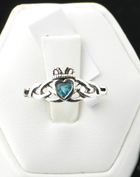 Sterling Silver Aqua CZ Claddagh Irish Celtic Ring Sizes: 3 4 5 6 7 8 9 - Jewelryland.com