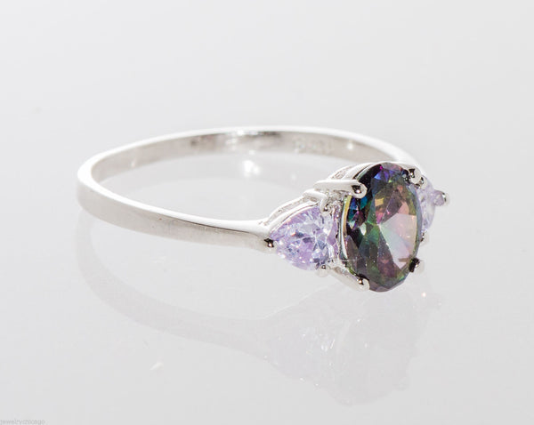 Mystic Topaz Ring Sterling Silver Cubic Zirconia Oval Three Stone Ring - Jewelryland.com