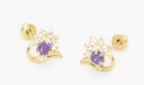 14k Yellow Gold Heart Earrings Screw Backs Purple & Clear Cubic Zirconia Studs - Jewelryland.com