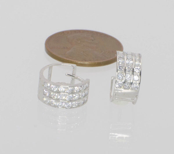 3 Row Huggie Earrings Hinged Hoops 14k White Gold CZ Cubic Zirconia - Jewelryland.com