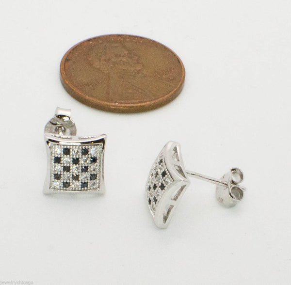 Micropave Stud Earrings Black & White Checker Board CZ Sterling Silver 9mm Kite - Jewelryland.com