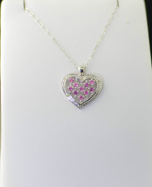 925 Sterling Silver Pink Sapphire Diamond Heart Necklace .03 ct - Jewelryland.com
