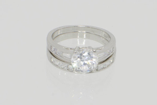 Sterling Silver Engagement Ring & Wedding Band Cubic Zirconia CZ ss w/ Rhodium - Jewelryland.com