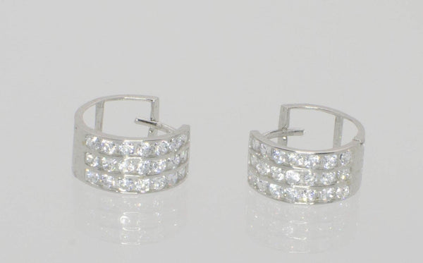 3 Row Huggie Earrings Hinged Hoops 14k White Gold CZ Cubic Zirconia - Jewelryland.com