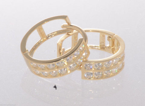 Huggie Earrings Hinged Hoops 14k Yellow Gold 2 Row Clear CZ 12mm x 4mm - Jewelryland.com