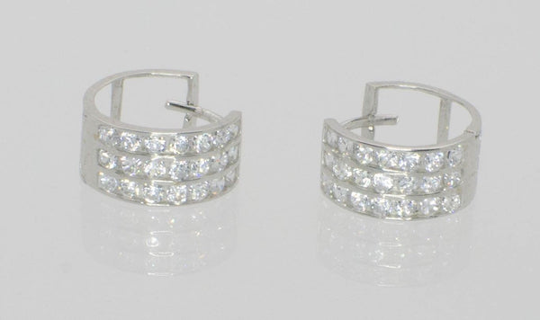 3 Row Huggie Earrings Hinged Hoops 14k White Gold CZ Cubic Zirconia - Jewelryland.com