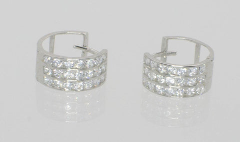 3 Row Huggie Earrings Hinged Hoops 14k White Gold CZ Cubic Zirconia - Jewelryland.com