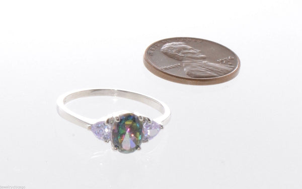 Mystic Topaz Ring Sterling Silver Cubic Zirconia Oval Three Stone Ring - Jewelryland.com