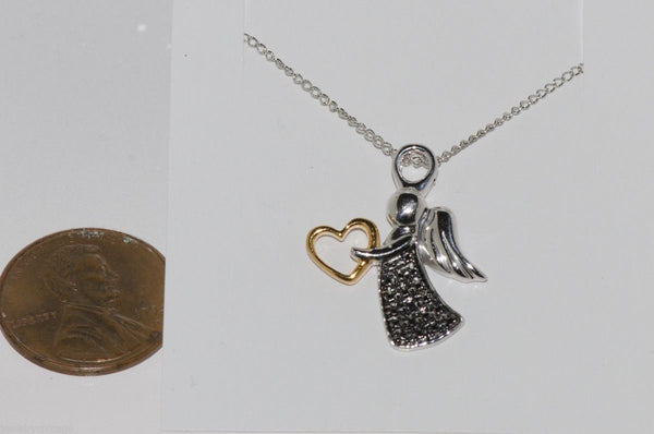 Sterling Silver Religious .01ct Black Diamond Angel Pendant Necklace, 18" chain - Jewelryland.com