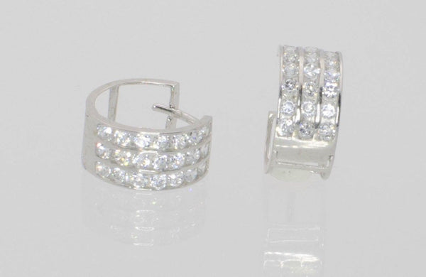 3 Row Huggie Earrings Hinged Hoops 14k White Gold CZ Cubic Zirconia - Jewelryland.com