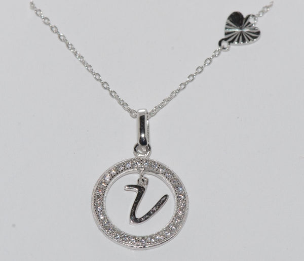 Sterling Silver Floating Letter V CZ Circle Initial 17" Necklace Cubic Zirconia - Jewelryland.com
