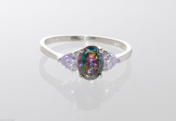 Mystic Topaz Ring Sterling Silver Cubic Zirconia Oval Three Stone Ring - Jewelryland.com