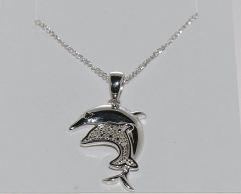 925 Sterling Silver Diamond Dolphin Pendant Necklace .05ct, 18" chain - Jewelryland.com