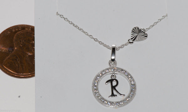 Sterling Silver Floating Letter R CZ Circle Initial 17" Necklace Cubic Zirconia - Jewelryland.com