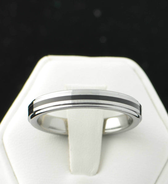 Mens Tungsten Ring 4mm Band High Polish Black Rubber Inlaid Center - Jewelryland.com