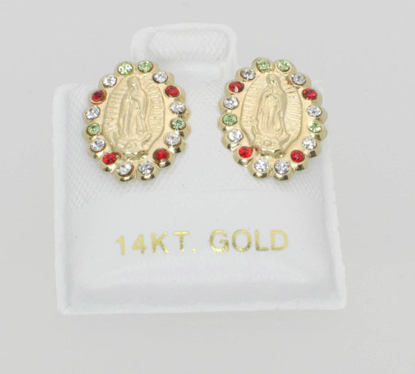 Saint Virgin of Guadalupe CZ Studs Screwback Earrings 14k Yellow Gold - Jewelryland.com