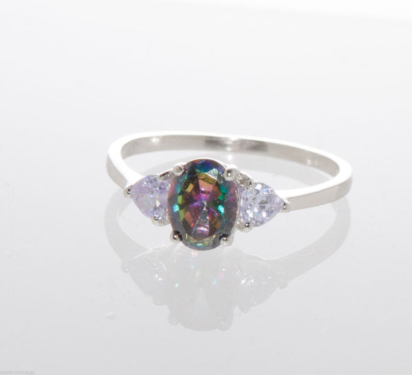 Mystic Topaz Ring Sterling Silver Cubic Zirconia Oval Three Stone Ring - Jewelryland.com