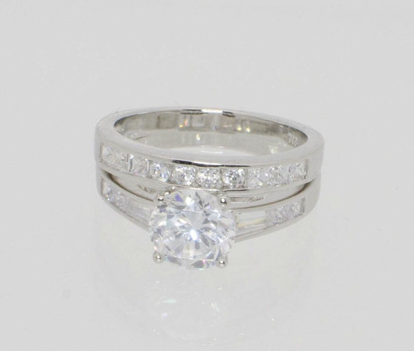 Sterling Silver Engagement Ring & Wedding Band Cubic Zirconia CZ ss w/ Rhodium - Jewelryland.com