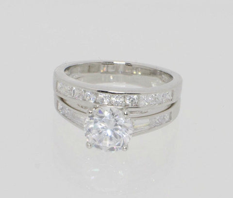 Sterling Silver Engagement Ring & Wedding Band Cubic Zirconia CZ ss w/ Rhodium - Jewelryland.com