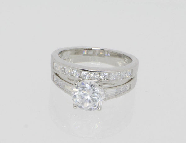 Sterling Silver Engagement Ring & Wedding Band Cubic Zirconia CZ ss w/ Rhodium - Jewelryland.com