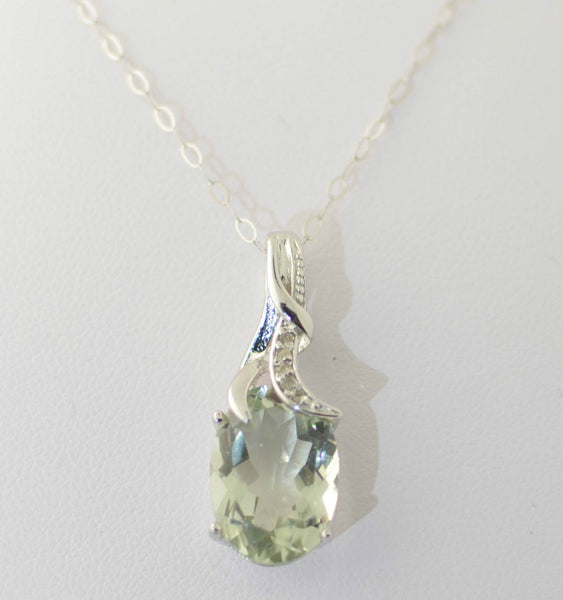 Sterling Silver Diamond and Green Amethyst Necklace, 18 Inch Chain