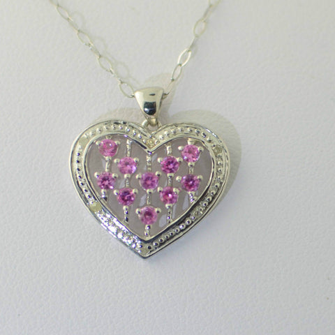 925 Sterling Silver Pink Sapphire Diamond Heart Necklace .03 ct - Jewelryland.com