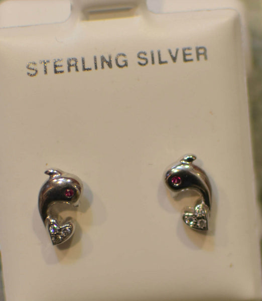 Sterling Silver Dolphin Stud Earrings Screw Back Red Eyes CZ Cubic Zirconia - Jewelryland.com