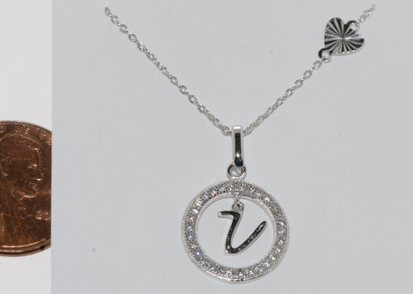 Sterling Silver Floating Letter V CZ Circle Initial 17" Necklace Cubic Zirconia - Jewelryland.com