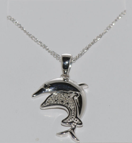 925 Sterling Silver Diamond Dolphin Pendant Necklace .05ct, 18" chain - Jewelryland.com