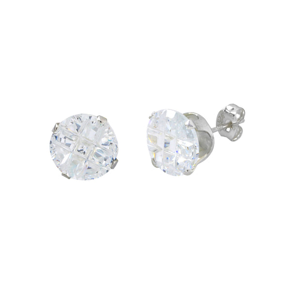Round Invisible Cut Earrings Clear CZ Studs .925 Silver Cross Cubic Zirconia - Jewelryland.com