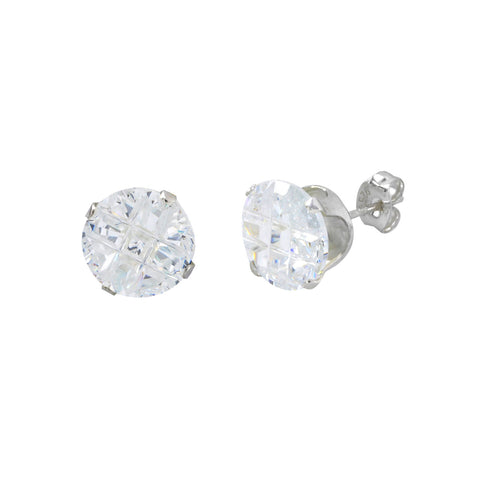 Round Invisible Cut Earrings Clear CZ Studs .925 Silver Cross Cubic Zirconia - Jewelryland.com